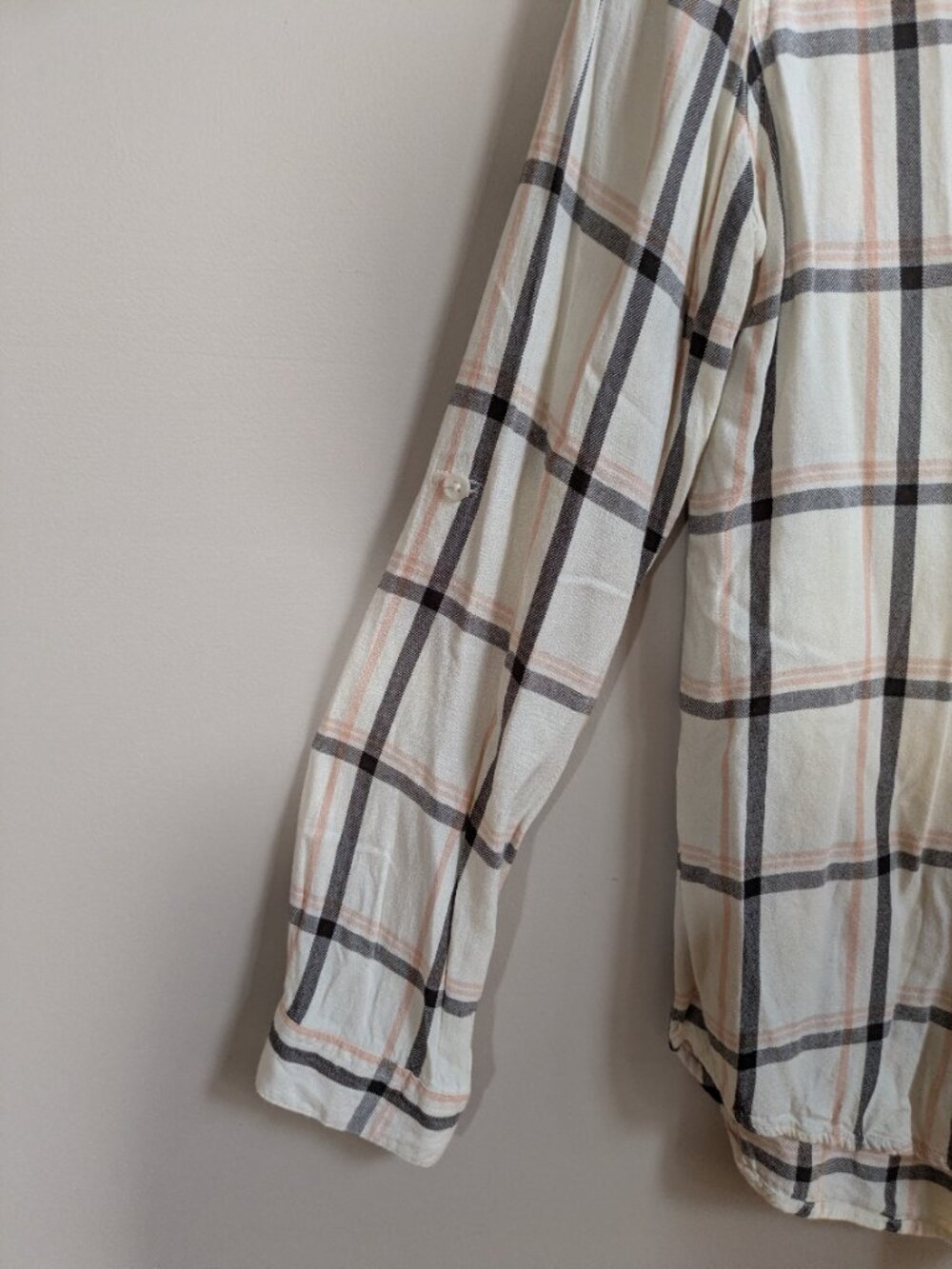 thread & supply flannel shirt viscose long sleeve ivory pink black size S #537 - Picture 3 of 6
